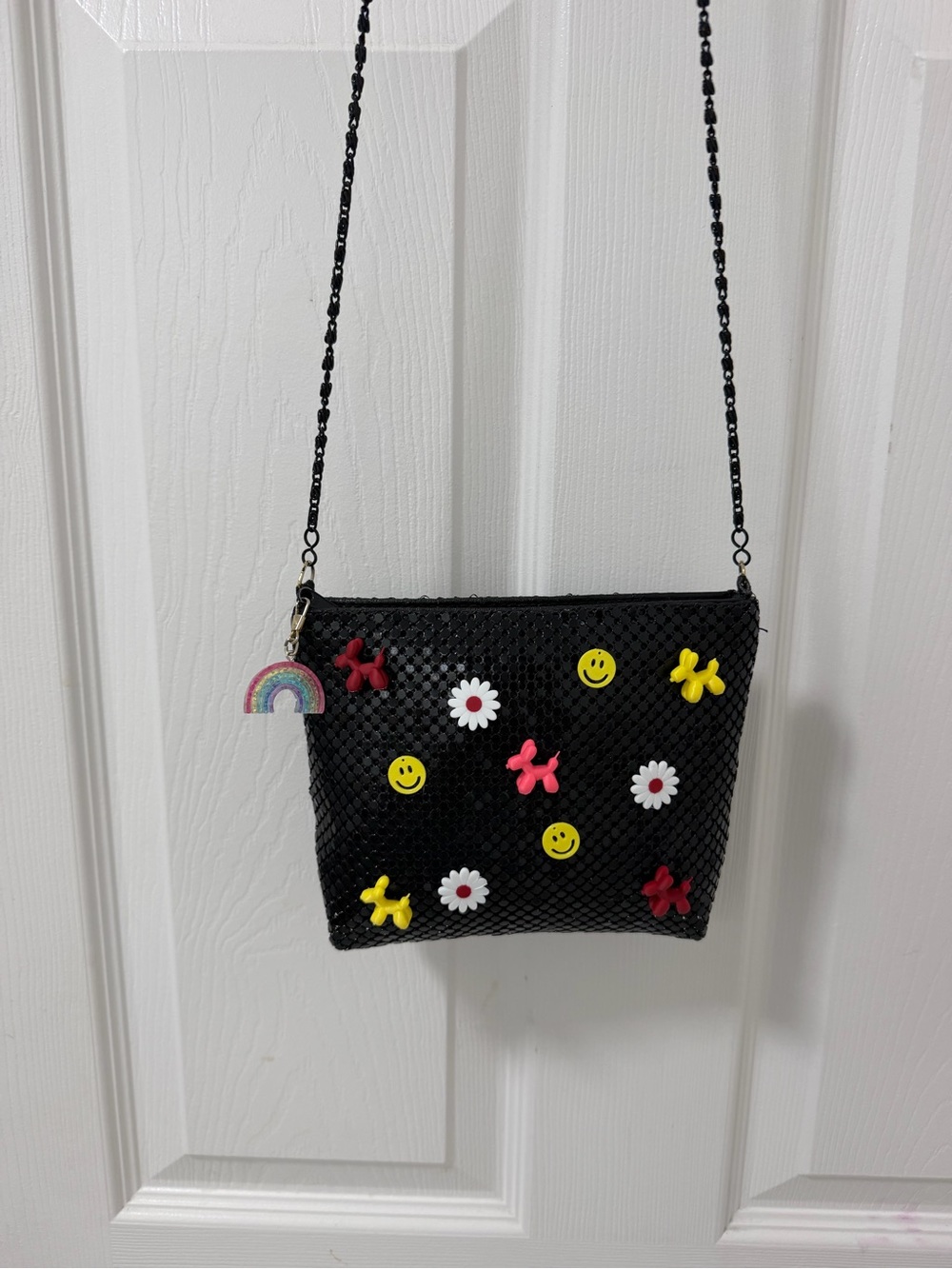 Y2K Black Mesh Shoulder Bag • Kawaii Smiley Daisy Balloon Dog Purse